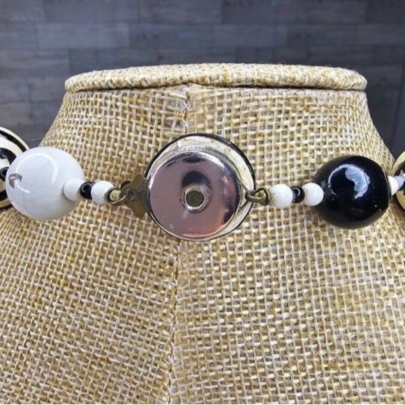 Vintage Paper Mache White and Black Beaded Necklace Stamped Japan 27"L - Picture 3 of 5